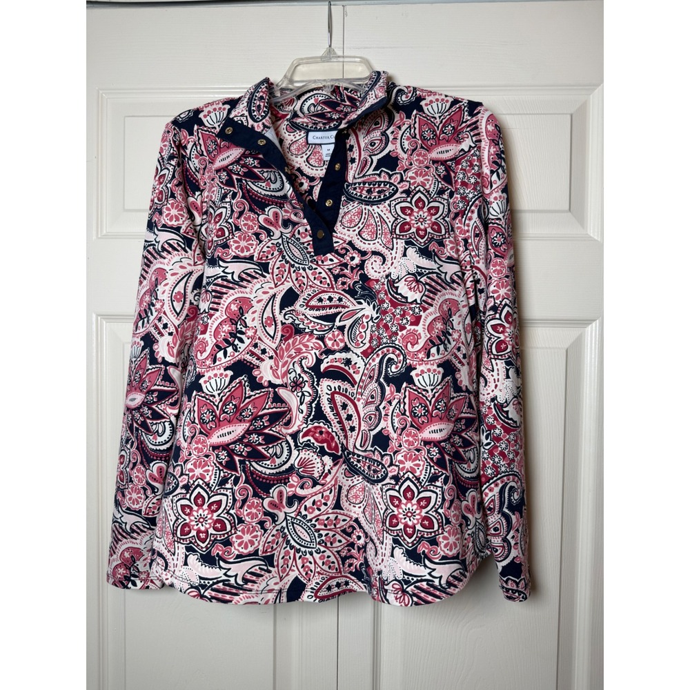 Charter Club Womens Pink Navy Paisley Snap Neck Long Sleeve Top Size Medium